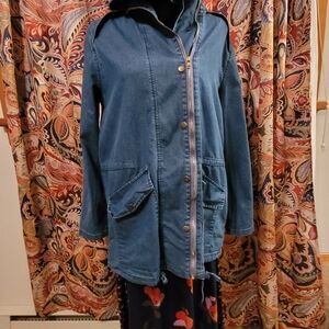 Long Denim Hooded Blue Denim Jacket with Button Details, S
